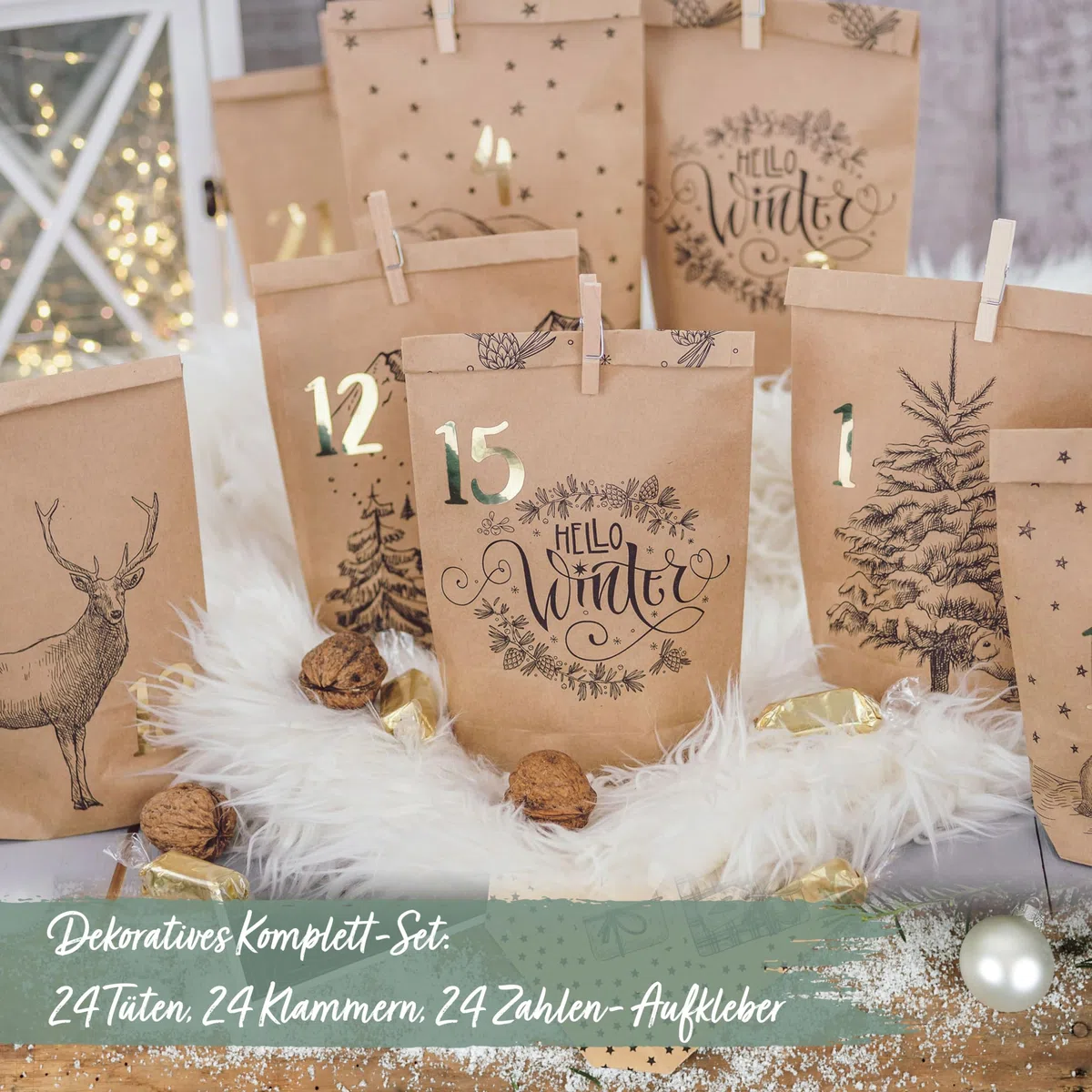 Papierdrachen Adventskalender 2025 zum Befüllen - 24 bedruckte Papiertüten mit Zahlenaufklebern & Klammern - Motiv Cozy Winter schwarz - DIY - zum Basteln