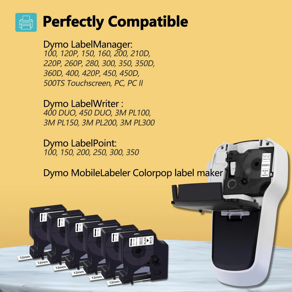 6x Ersatz für Dymo 45013 D1 Etikettenband 12mm S0720530 Schwarz auf Weiß | Kompatibel mit Dymo LabelManager 160, LabelManager Executive 640 CB, 280 210D 420p PNP Labelpoint 150 350 LabelWriter 450 Duo