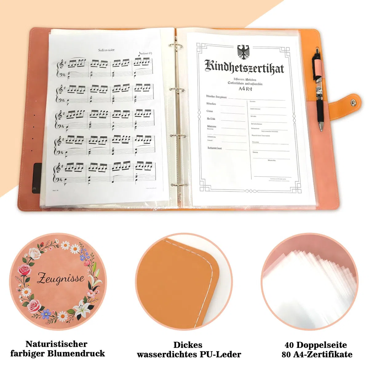 Zeugnismappe Mädchen A4 Mit 40 Hüllen - PU Leder Farbige Blumendrucke Schnellhefter Ordner Dokumentenmappe Schule Zubehör Fächermappe Abitur Geschenke und zur Einschulung Geschenke (Rosa)