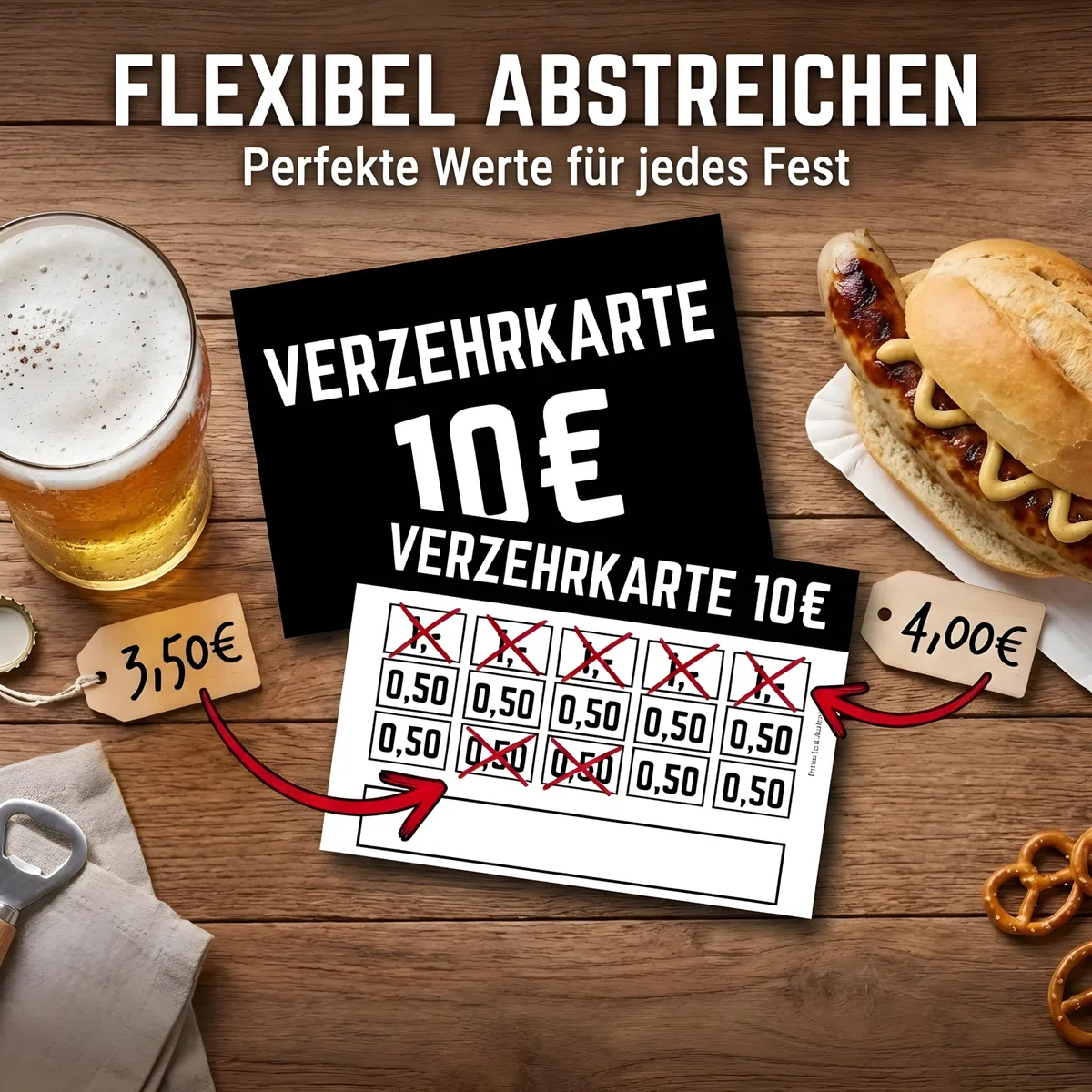 100x Verzehrkarten zum Abstreichen - Wertkarten für Veranstaltungen, Vereine & Gastronomie als Alternative für Wertmarken (10 Euro, 100 Stück)