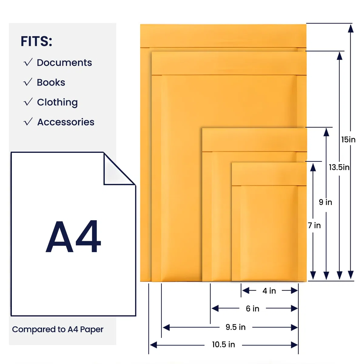 Luftpolster-Versandtaschen aus Kraftpapier, 24,1 x 34,3 cm, gelber gepolsterter Umschlag, wasserdicht, gepolstert, für Versand, Verpackung, 50 Stück