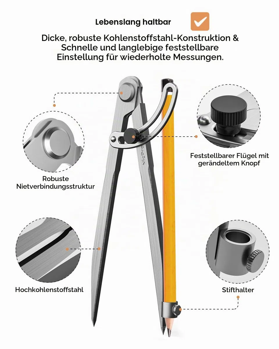 Nicpro Zirkel Metall 20.3 cm/8 Zoll,Professioneller Schnellverstellzirkel, Zirkel mit Bleistifthalter für Geometrie, Lederverarbeitung,Bleistiftzirkel für Tischler, Zeichnen Kompass