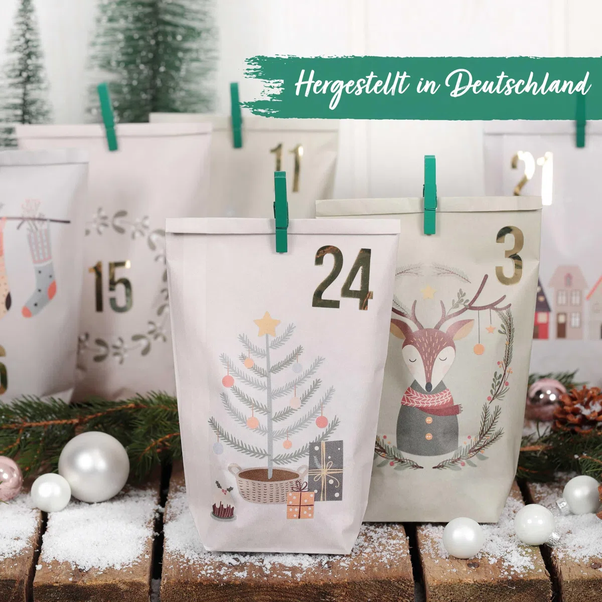 Papierdrachen Adventskalender 2025 zum Befüllen - 24 pastellfarbene Geschenktüten mit Zahlenaufklebern - Motiv Hygge - DIY - zum Basteln - Weihnachten