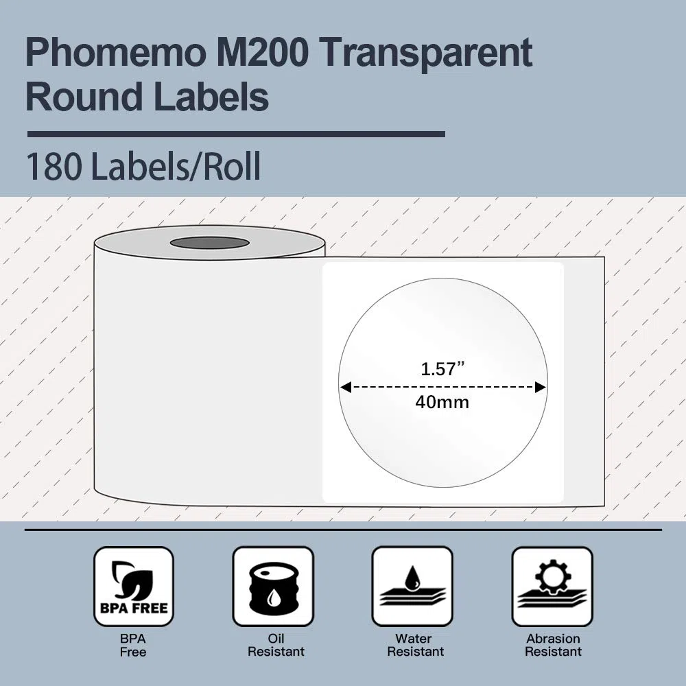 Phomemo M110 M120 M200 M220 M221 Transparentes rundes Papier, 40x40mm(1,57"x1,57") klebriges Thermoetikett-Druckerpapier