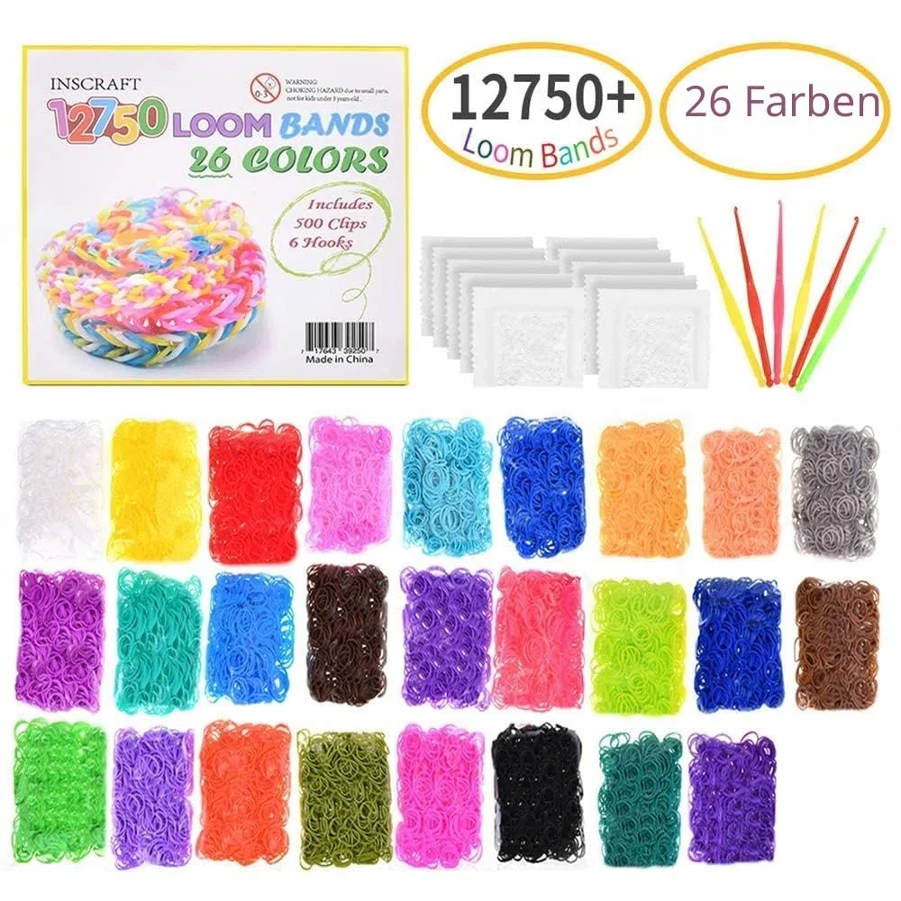 Inscraft 12750 Loom Bänder Set, 26 Farben Loom Gummibänder für Armbänder, Loop Armbänder set Kinder zum Halsketten und Gummi Armband basteln, Nachfüllset in 26 Farben mit 500 Clips, 6 Haken